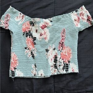 Kendall & Kylie Floral Textured Crop Top - Mint and Pink